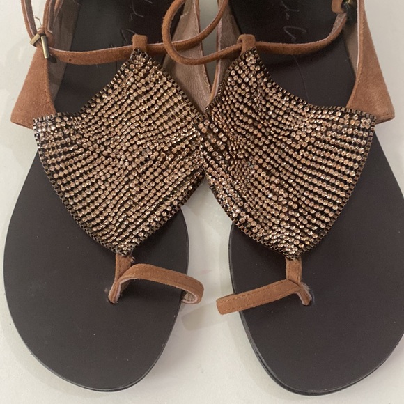 ❌SOLD❌Lola Cruz Brown Suede Rhinestone Studded Sandal💛🖤💛 - Picture 4 of 12